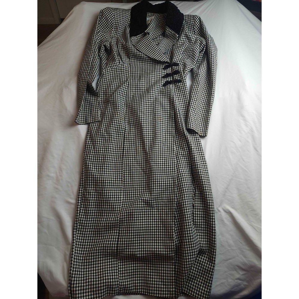 Expo Maxi Coat Dress Womens Size 10 White Black Houndstooth Long Sleeve‎ Shawl